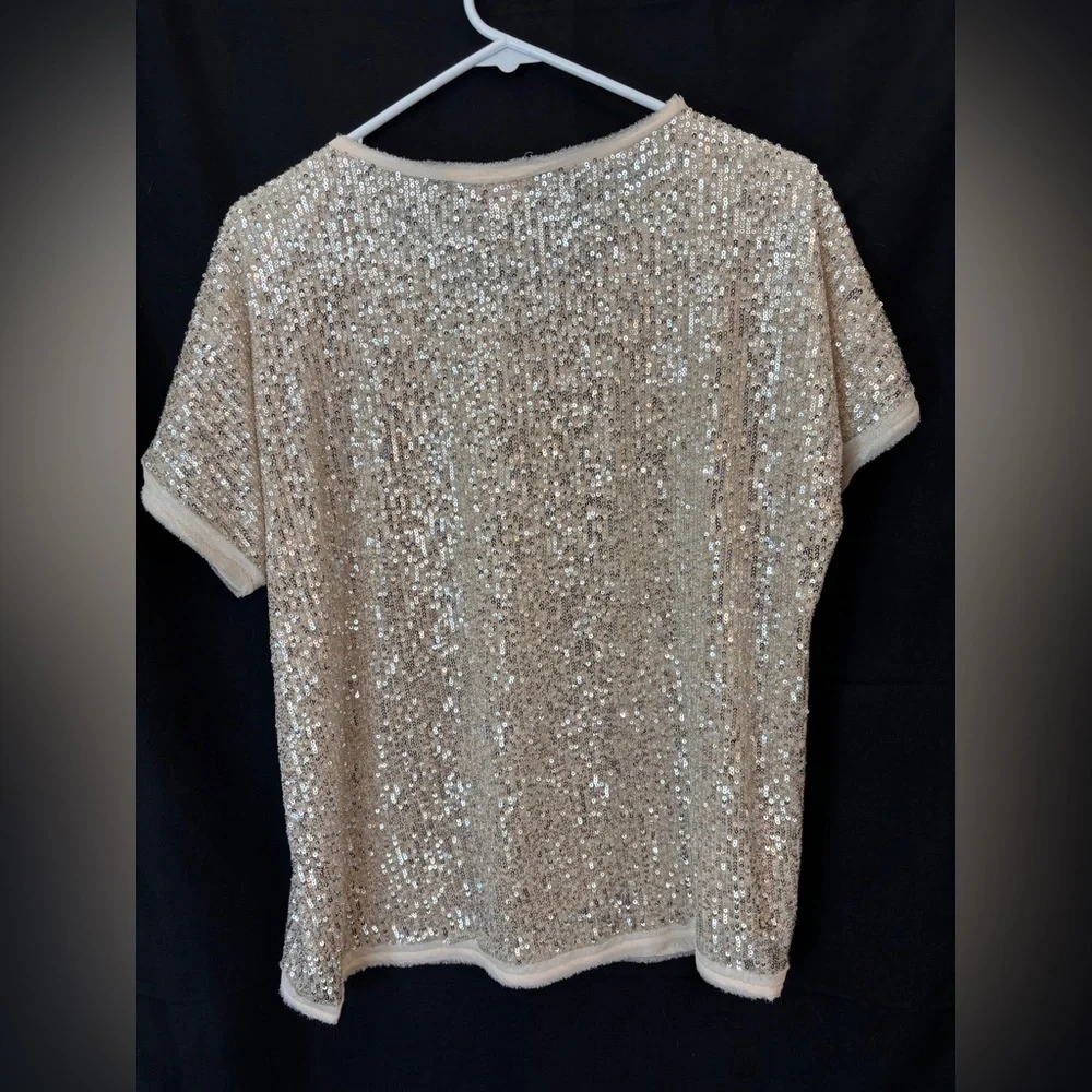 Entre Cream Sequined Short Sleeve Top Women’s Medium Style #T12850 Evening Party - Picture 6 of 8